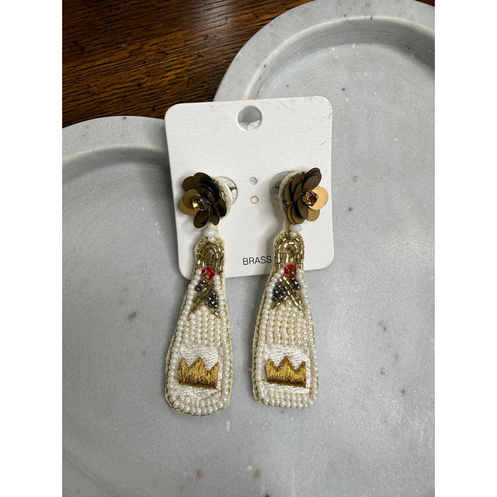 Glik's Beaded Champagne Bottle Drop Earrings Gold Cream‎ New Years Eve OED405